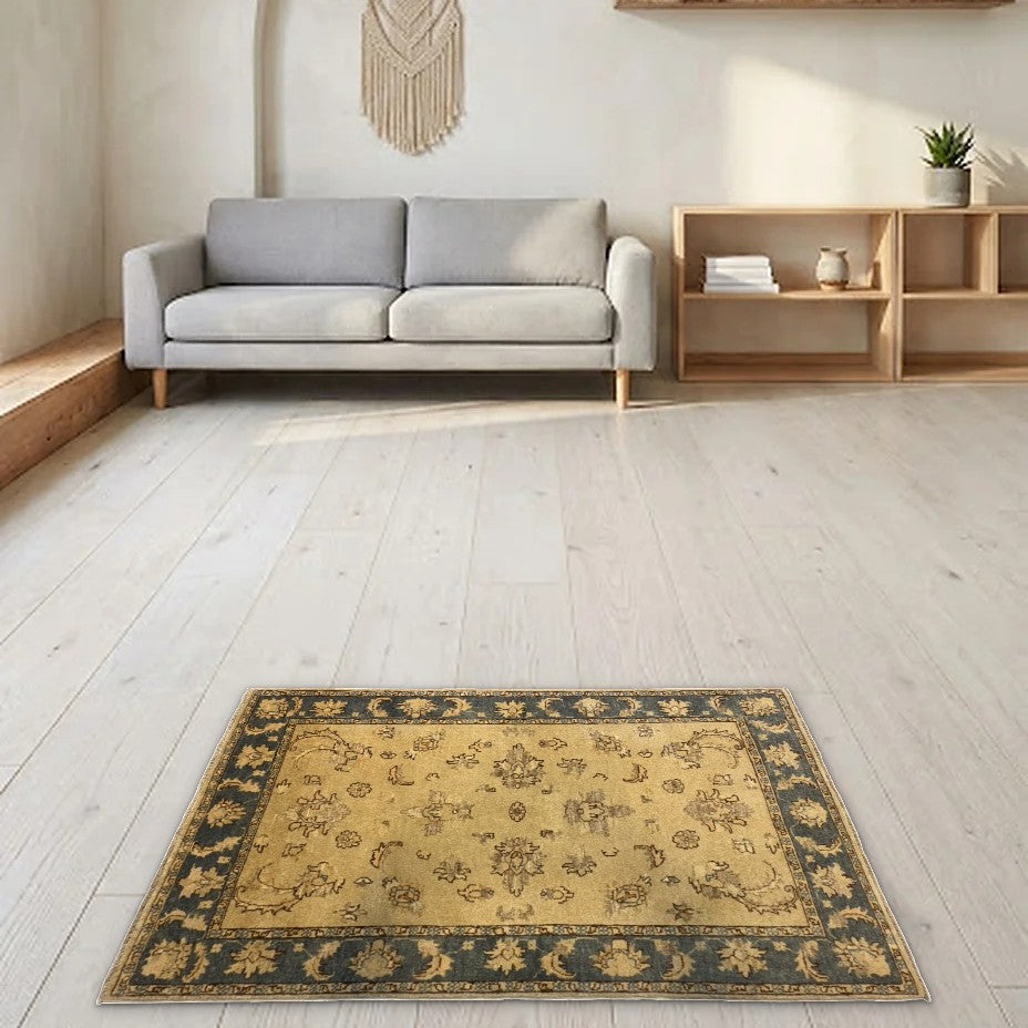 Room view: the rug on the floor of a furnished room