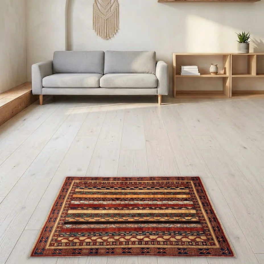 Room view: the rug on the floor of a furnished room