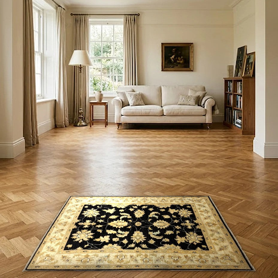 Room view: the rug on the floor of a furnished room