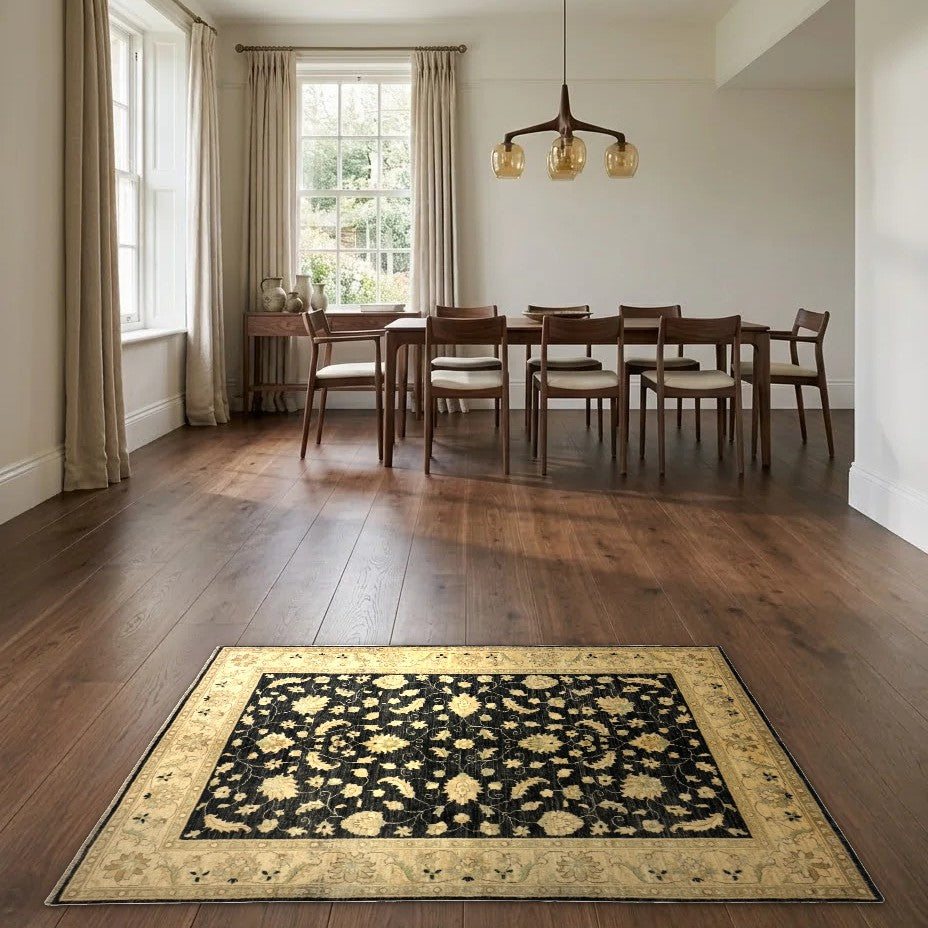 Room view: the rug on the floor of a furnished room