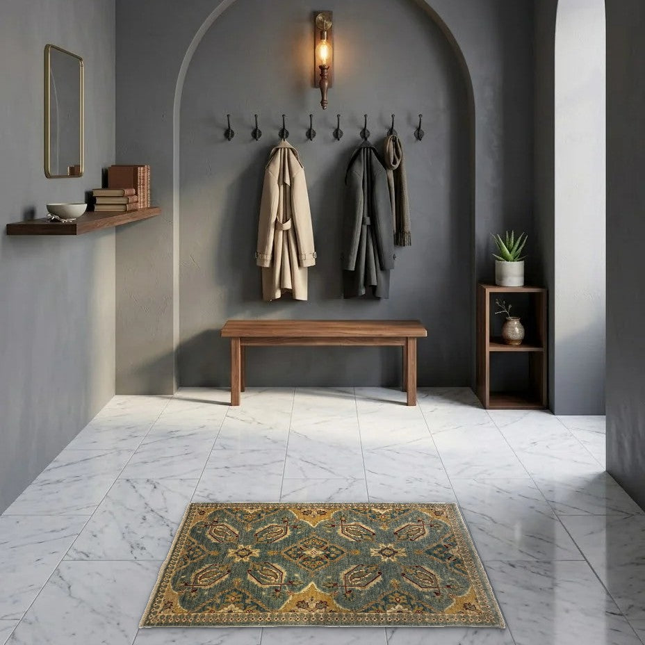 Room view: the rug on the floor of a furnished room