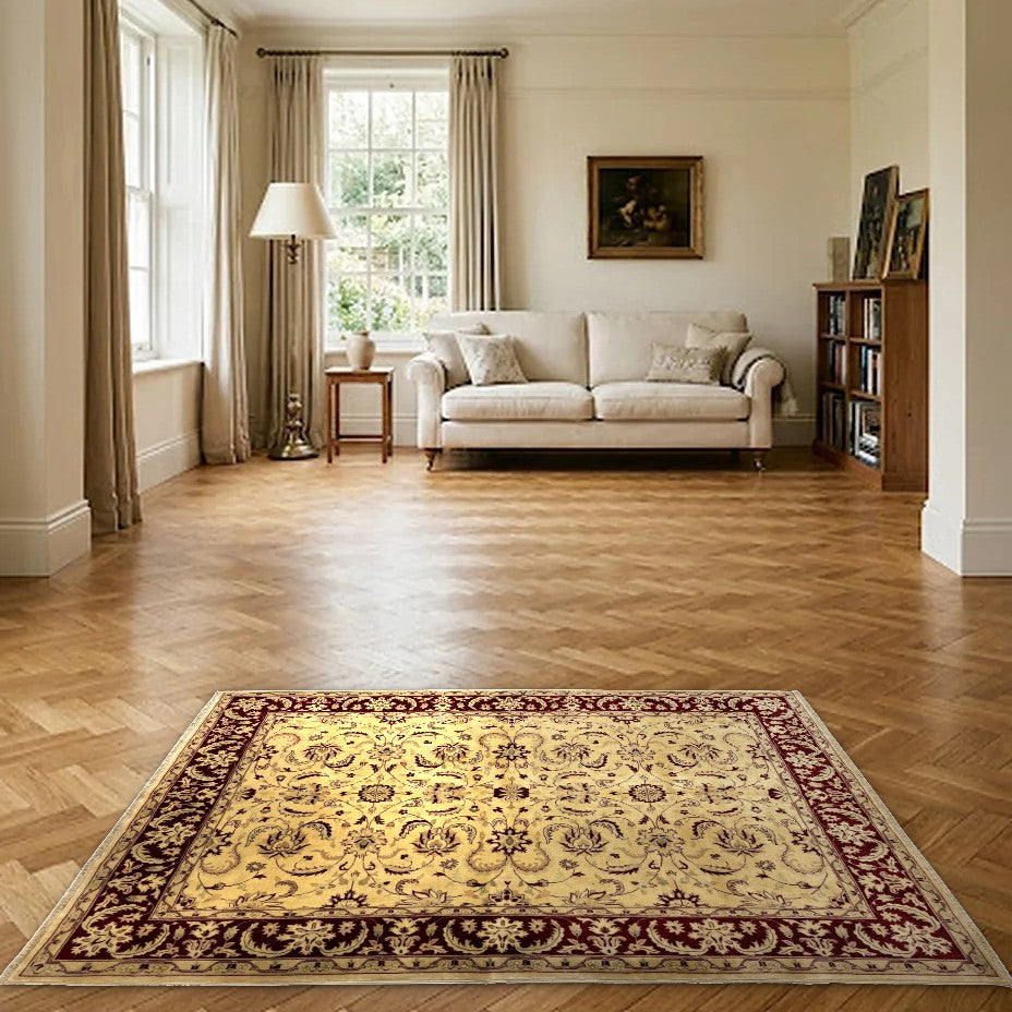 Room view: the rug on the floor of a furnished room