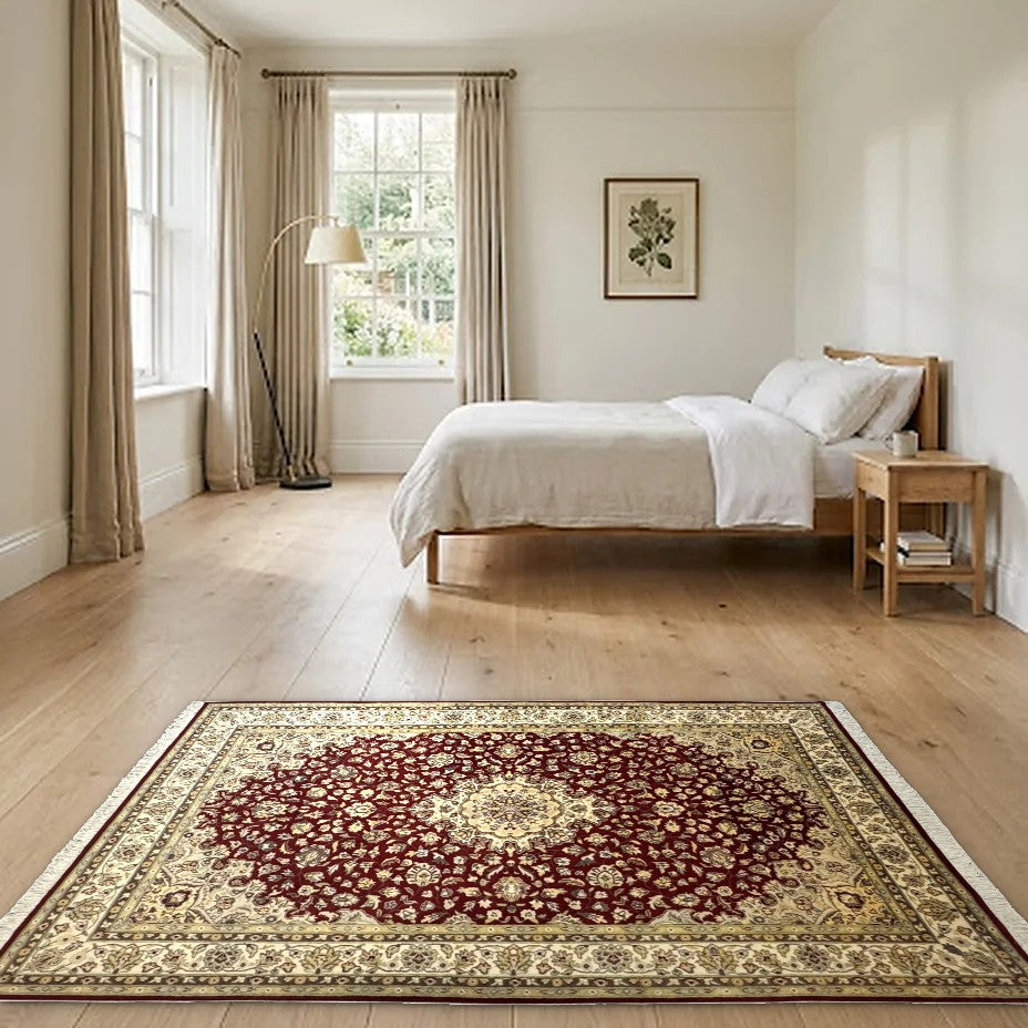 Room view: the rug on the floor of a furnished room