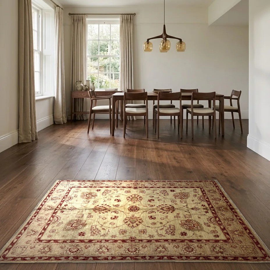 Room view: the rug on the floor of a furnished room