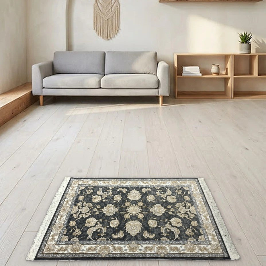 Room view: the rug on the floor of a furnished room