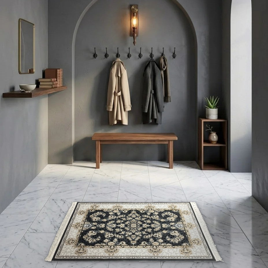 Room view: the rug on the floor of a furnished room