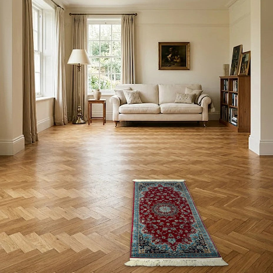 Room view: the rug on the floor of a furnished room