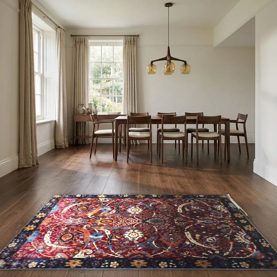 Room view: the rug on the floor of a furnished room