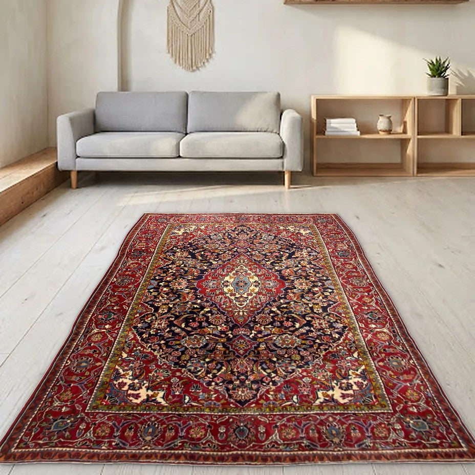Room view: the rug on the floor of a furnished room
