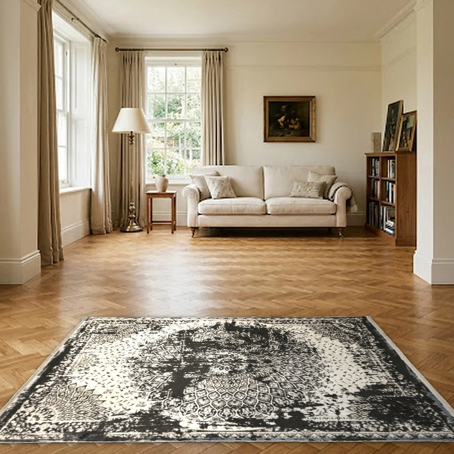 Room view: the rug on the floor of a furnished room