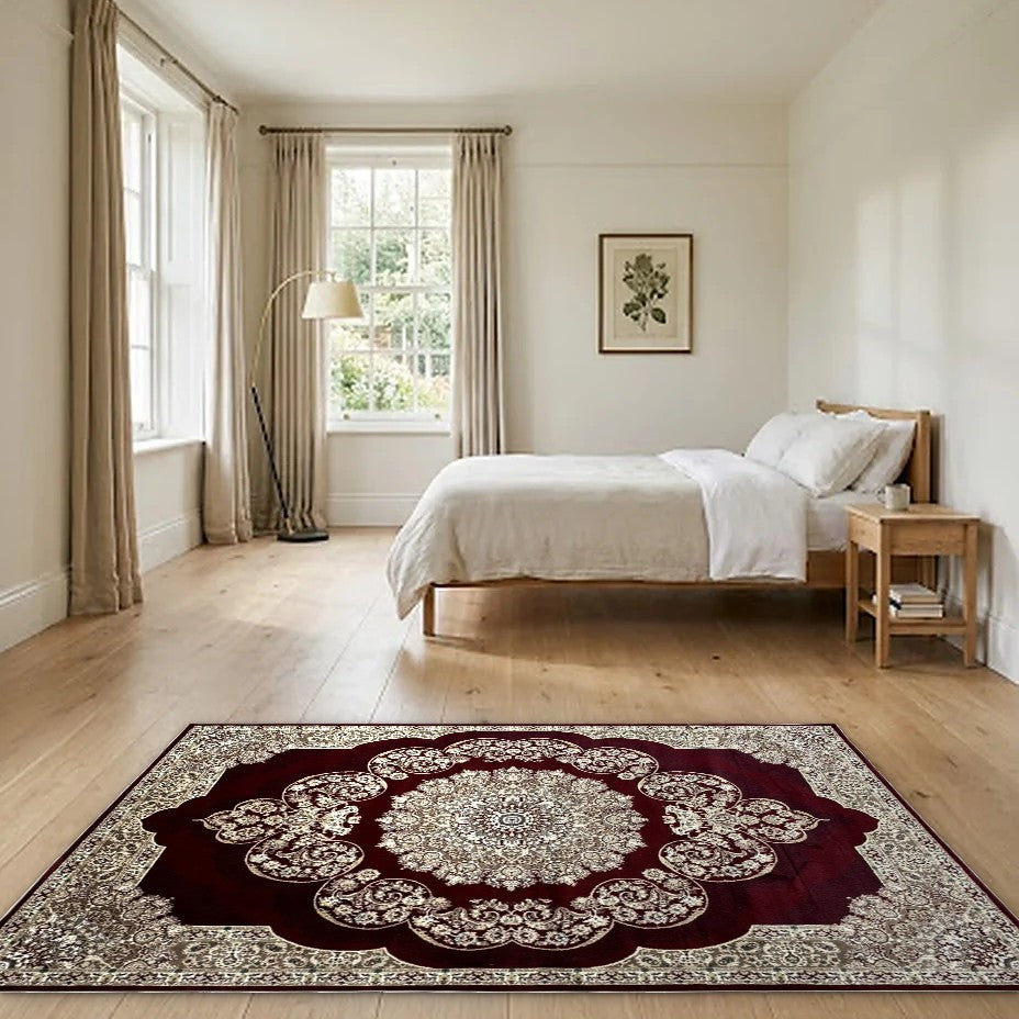 Room view: the rug on the floor of a furnished room