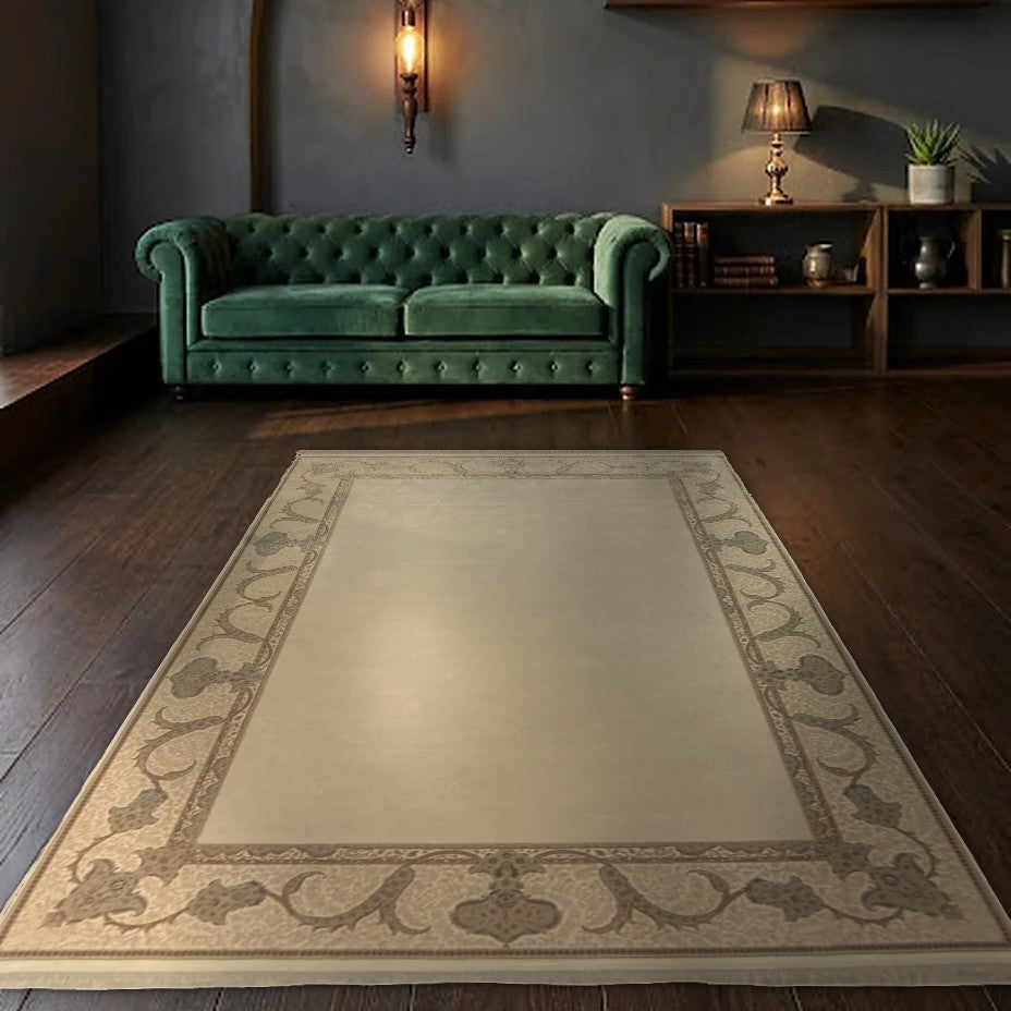 Room view: the rug on the floor of a furnished room