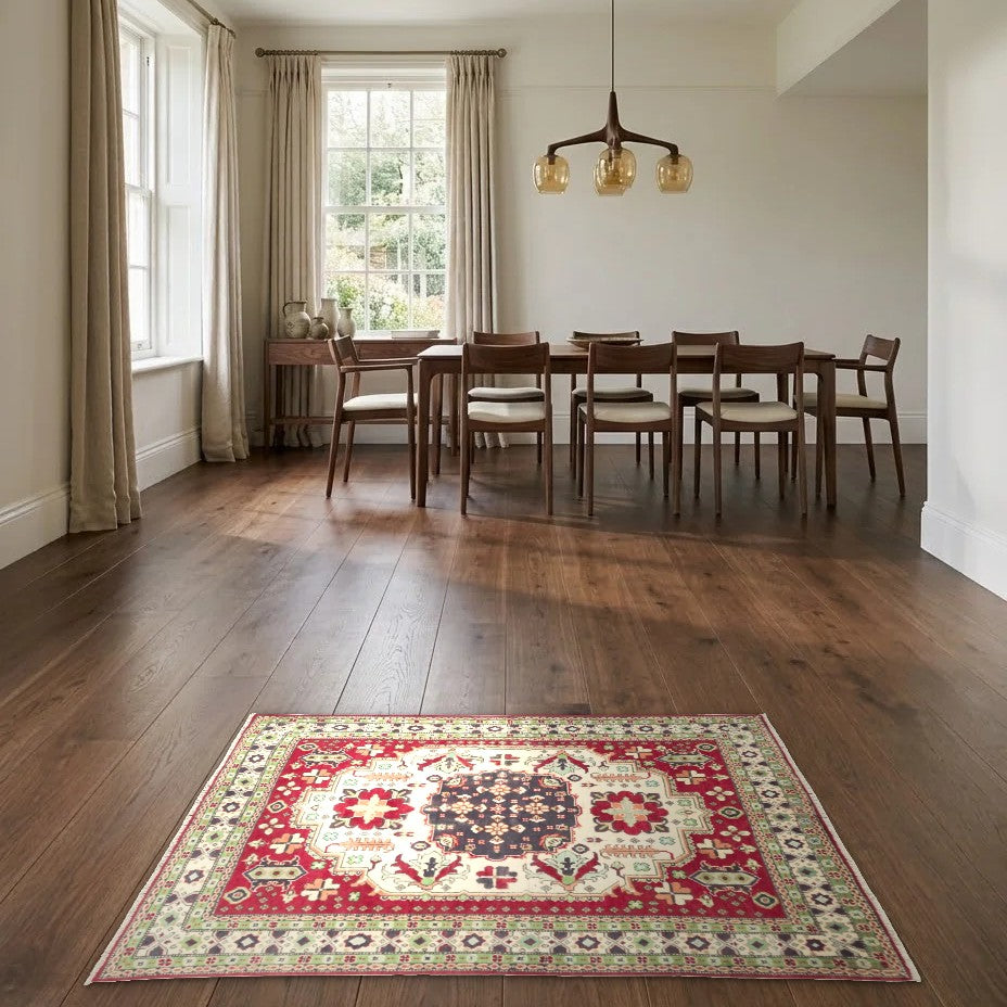 Room view: the rug on the floor of a furnished room
