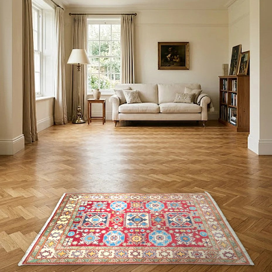Room view: the rug on the floor of a furnished room