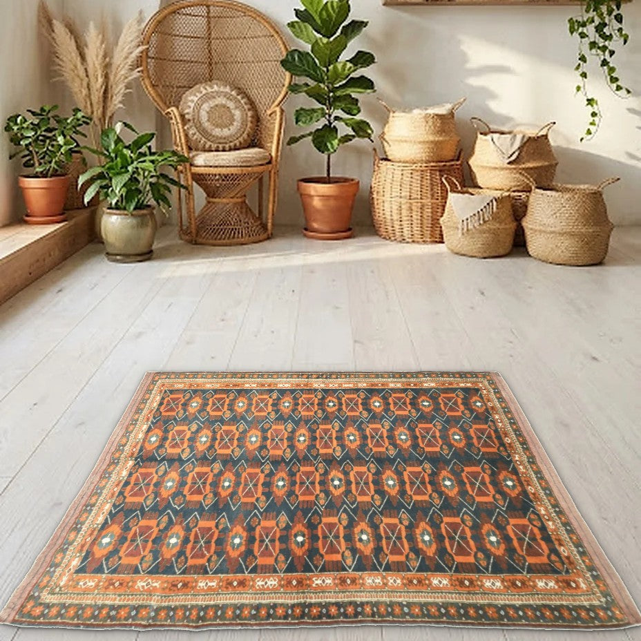 Room view: the rug on the floor of a furnished room