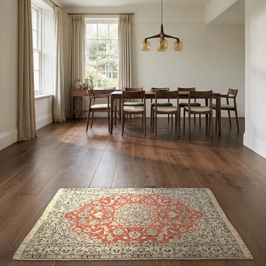 Room view: the rug on the floor of a furnished room