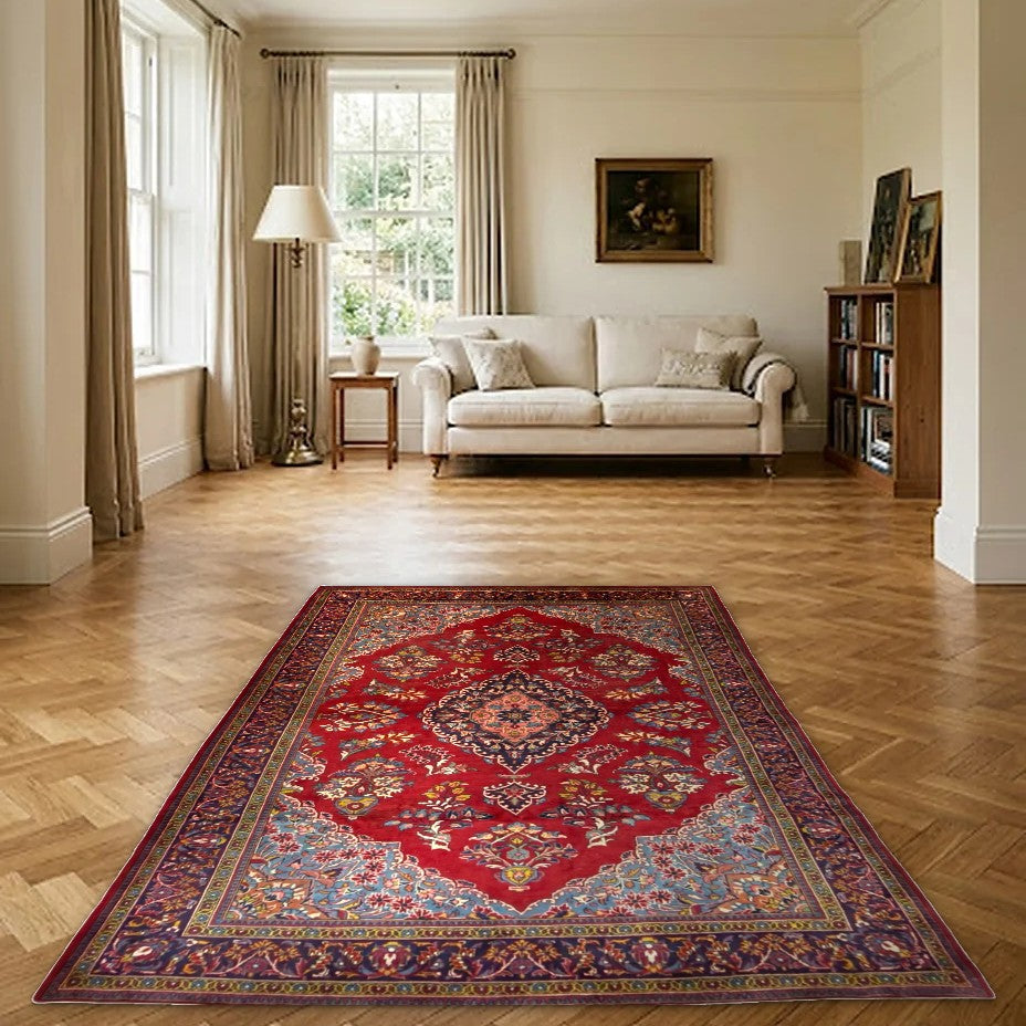 Room view: the rug on the floor of a furnished room