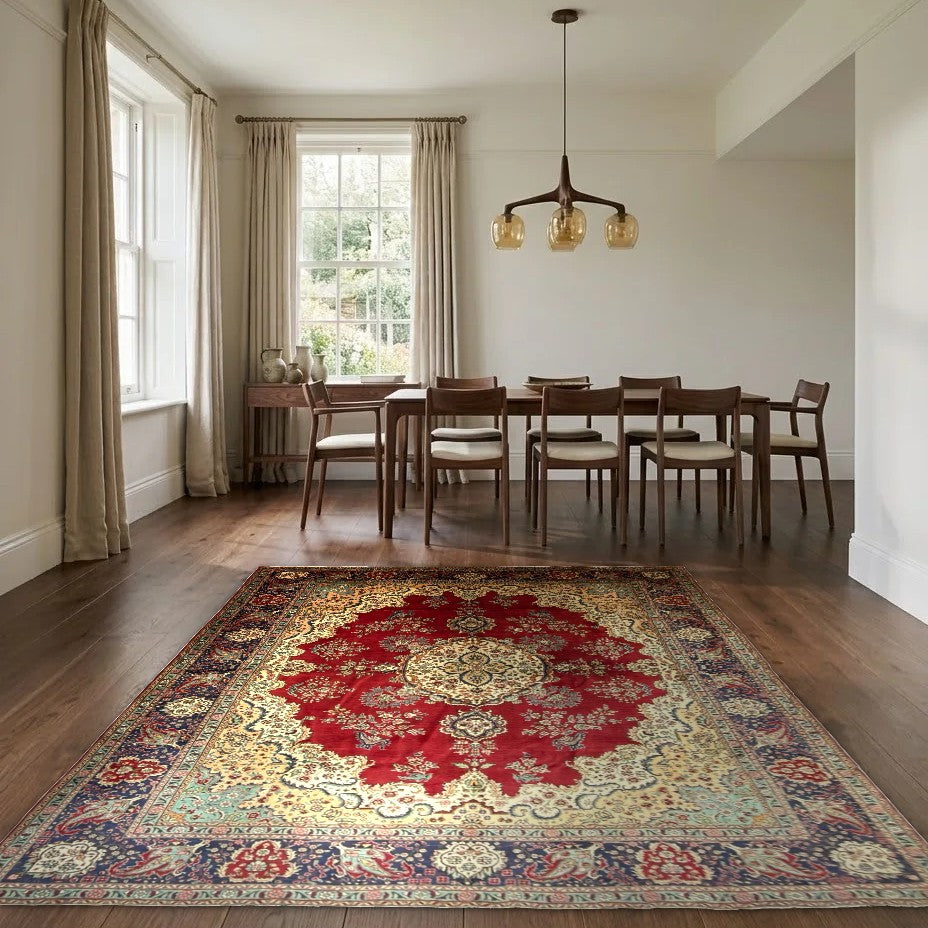 Room view: the rug on the floor of a furnished room
