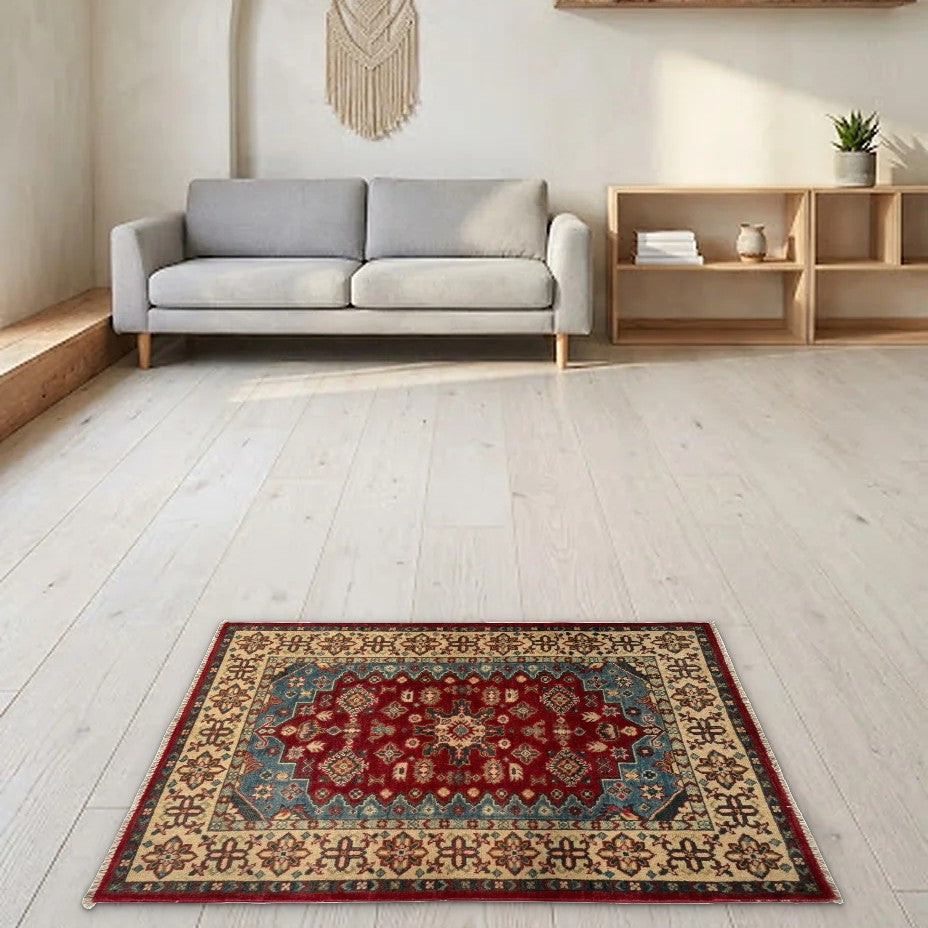 Room view: the rug on the floor of a furnished room