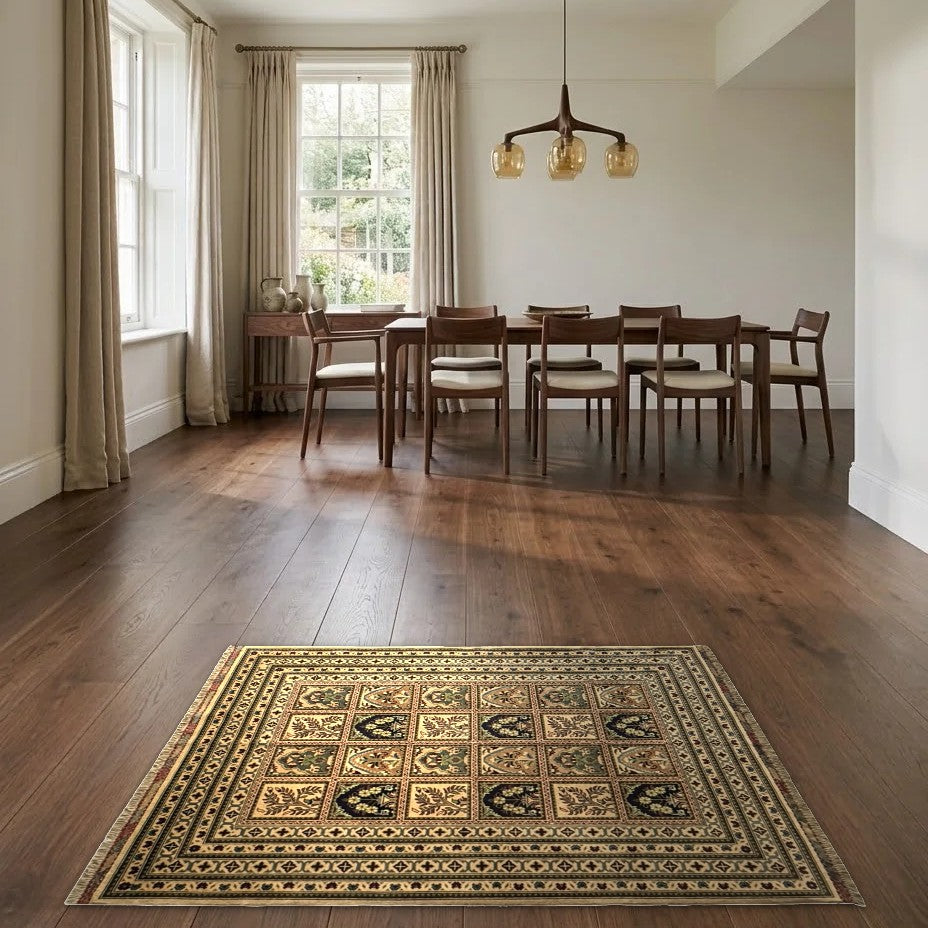 Room view: the rug on the floor of a furnished room