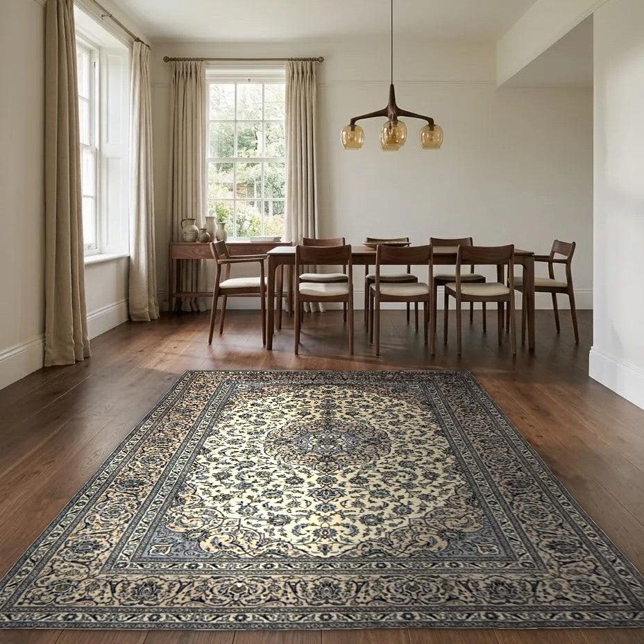 Room view: the rug on the floor of a furnished room