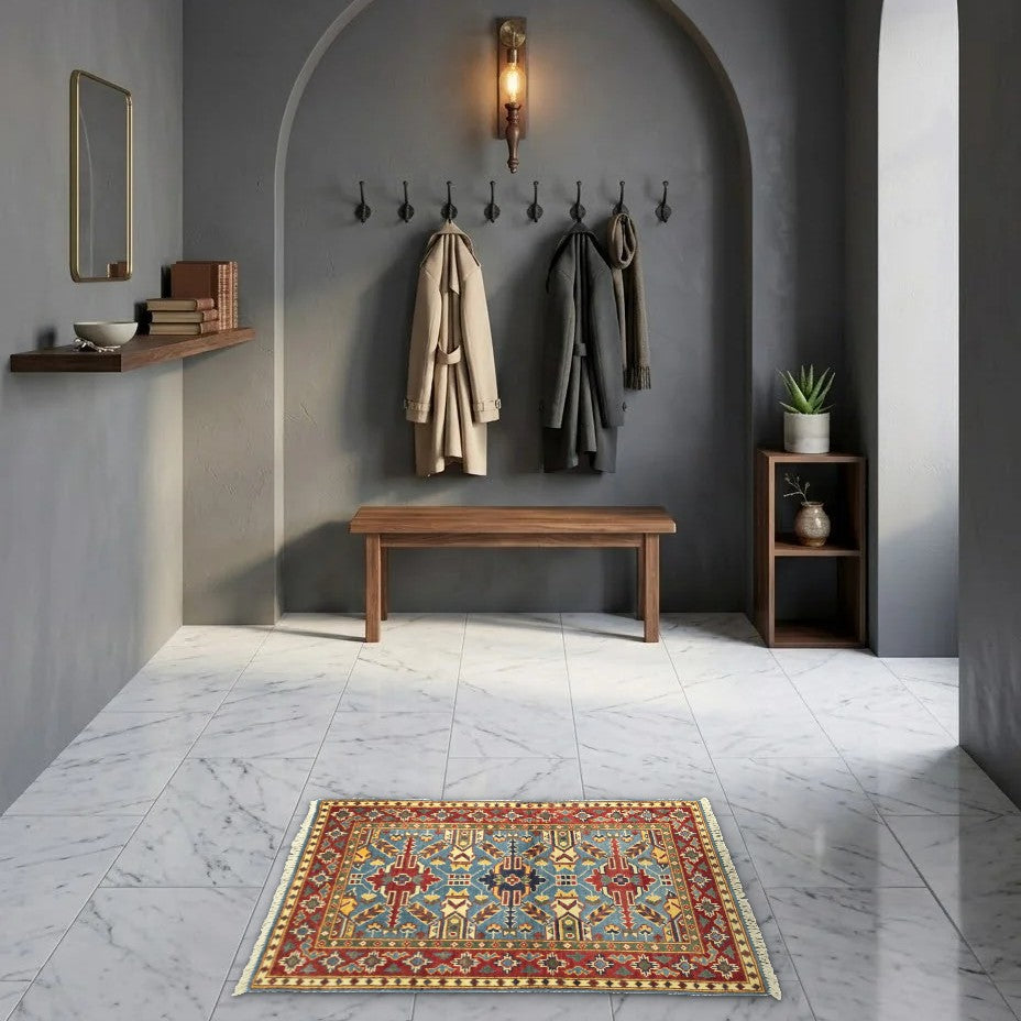 Room view: the rug on the floor of a furnished room
