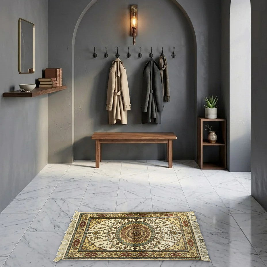 Room view: the rug on the floor of a furnished room