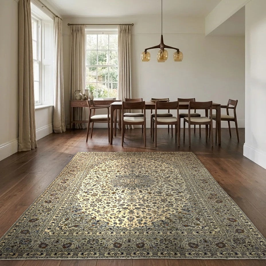 Room view: the rug on the floor of a furnished room