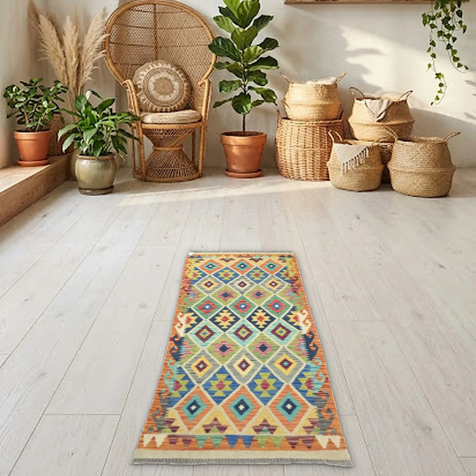 Room view: the rug on the floor of a furnished room