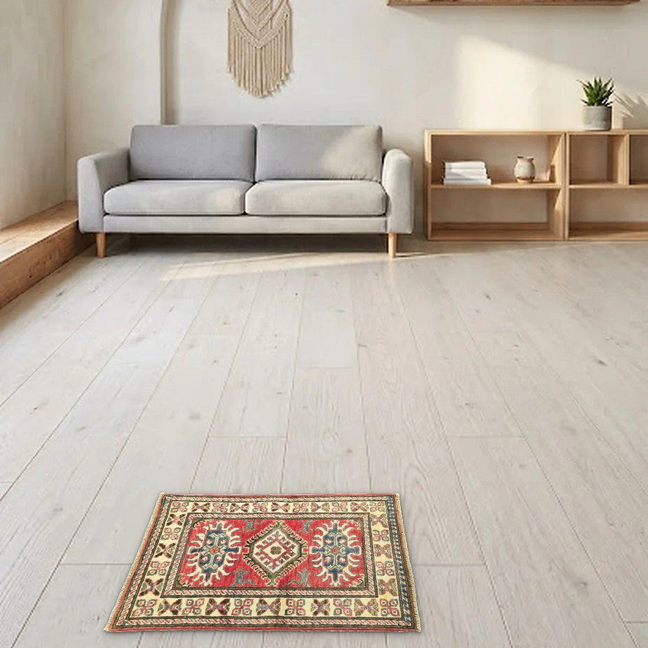 Room view: the rug on the floor of a furnished room