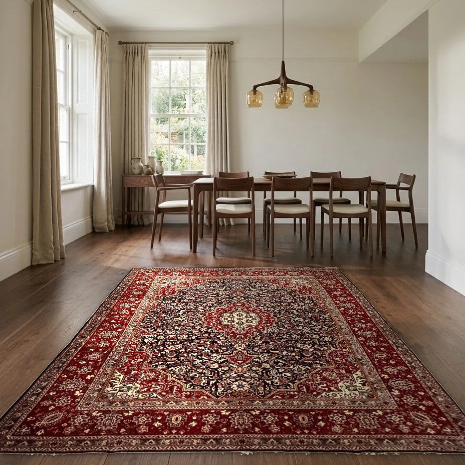 Room view: the rug on the floor of a furnished room