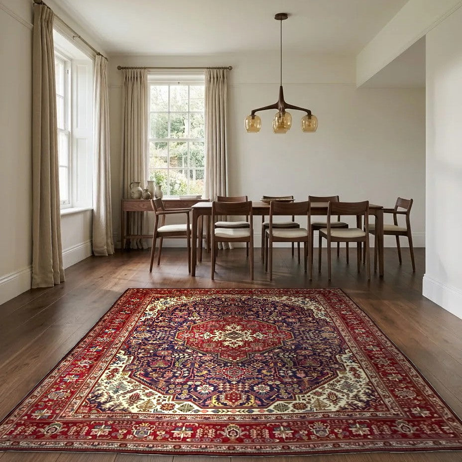 Room view: the rug on the floor of a furnished room