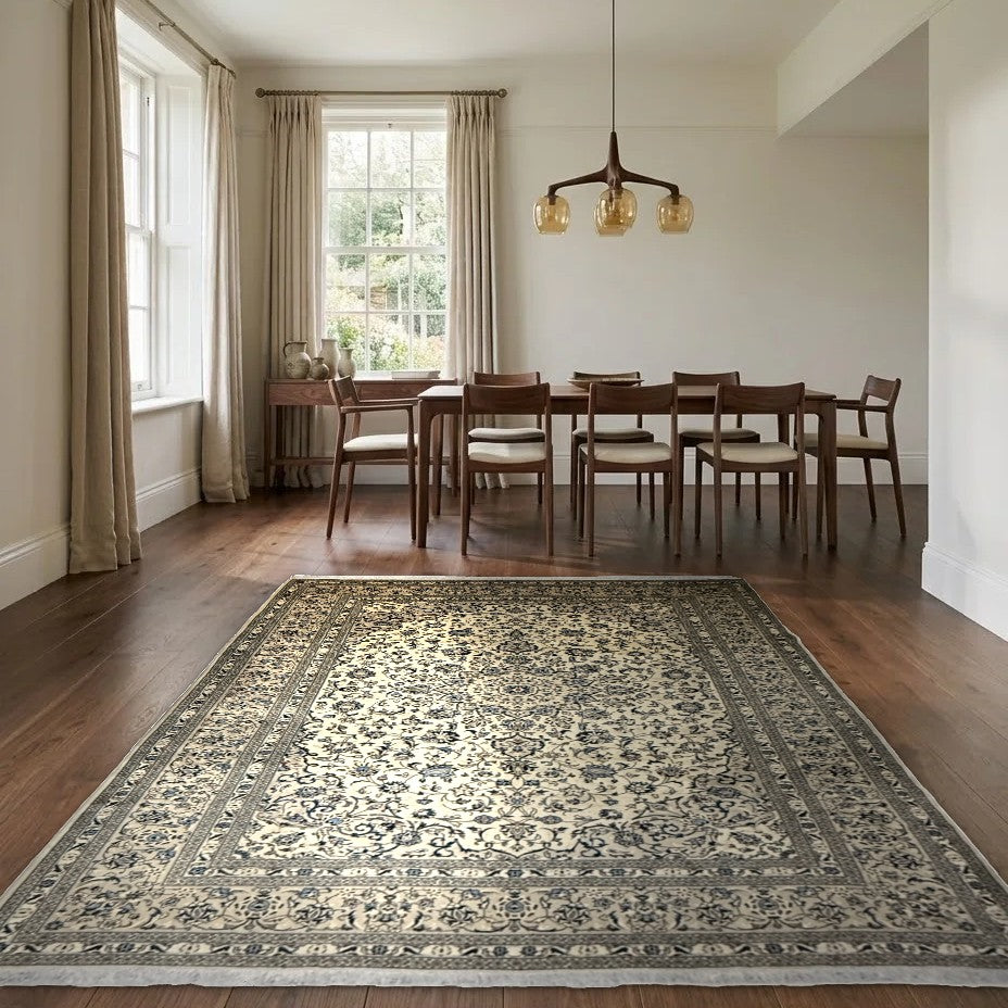 Room view: the rug on the floor of a furnished room