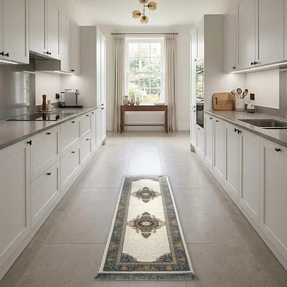 Room view: the rug on the floor of a furnished room