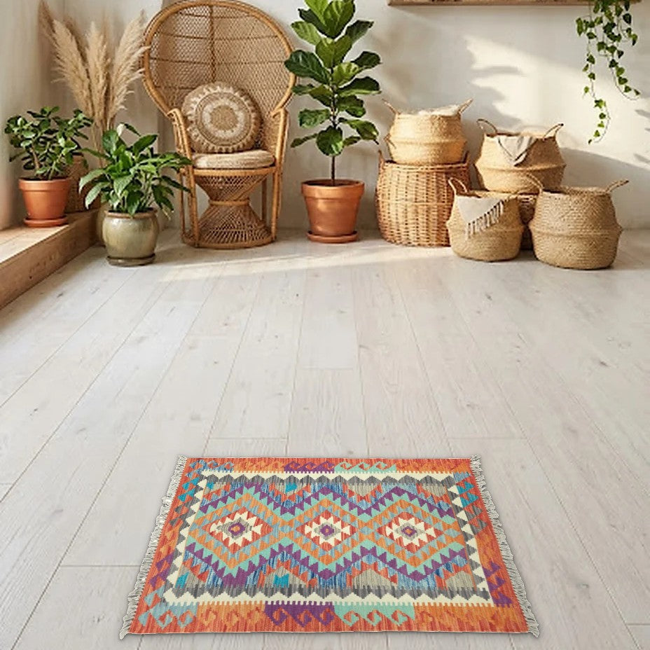 Room view: the rug on the floor of a furnished room