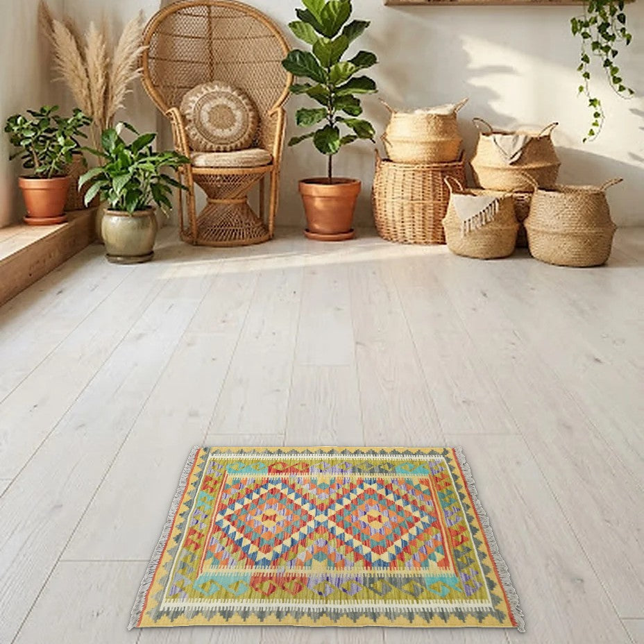 Room view: the rug on the floor of a furnished room