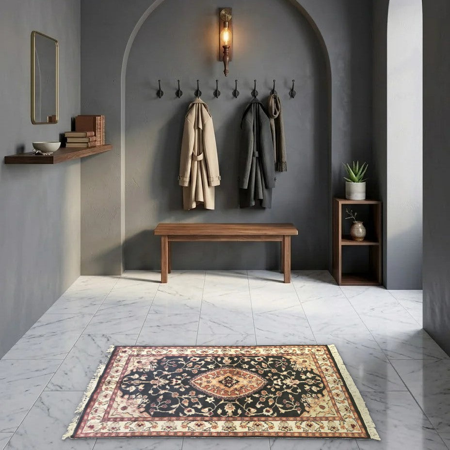 Room view: the rug on the floor of a furnished room