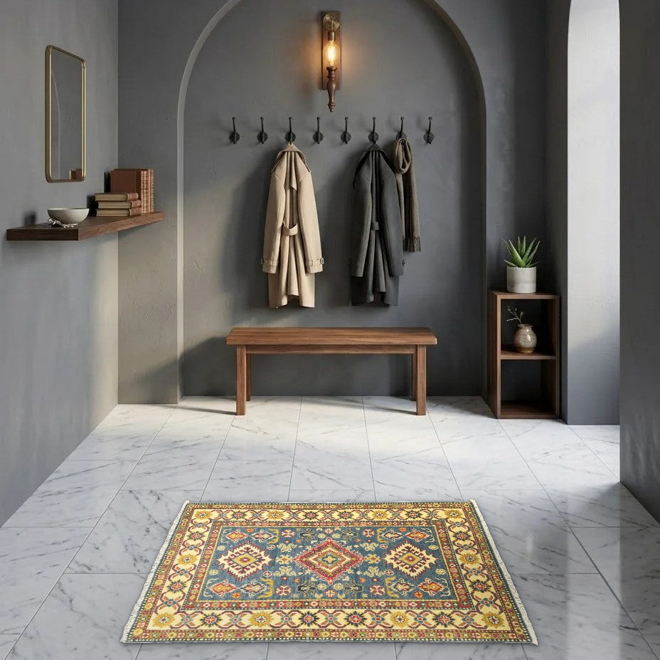 Room view: the rug on the floor of a furnished room