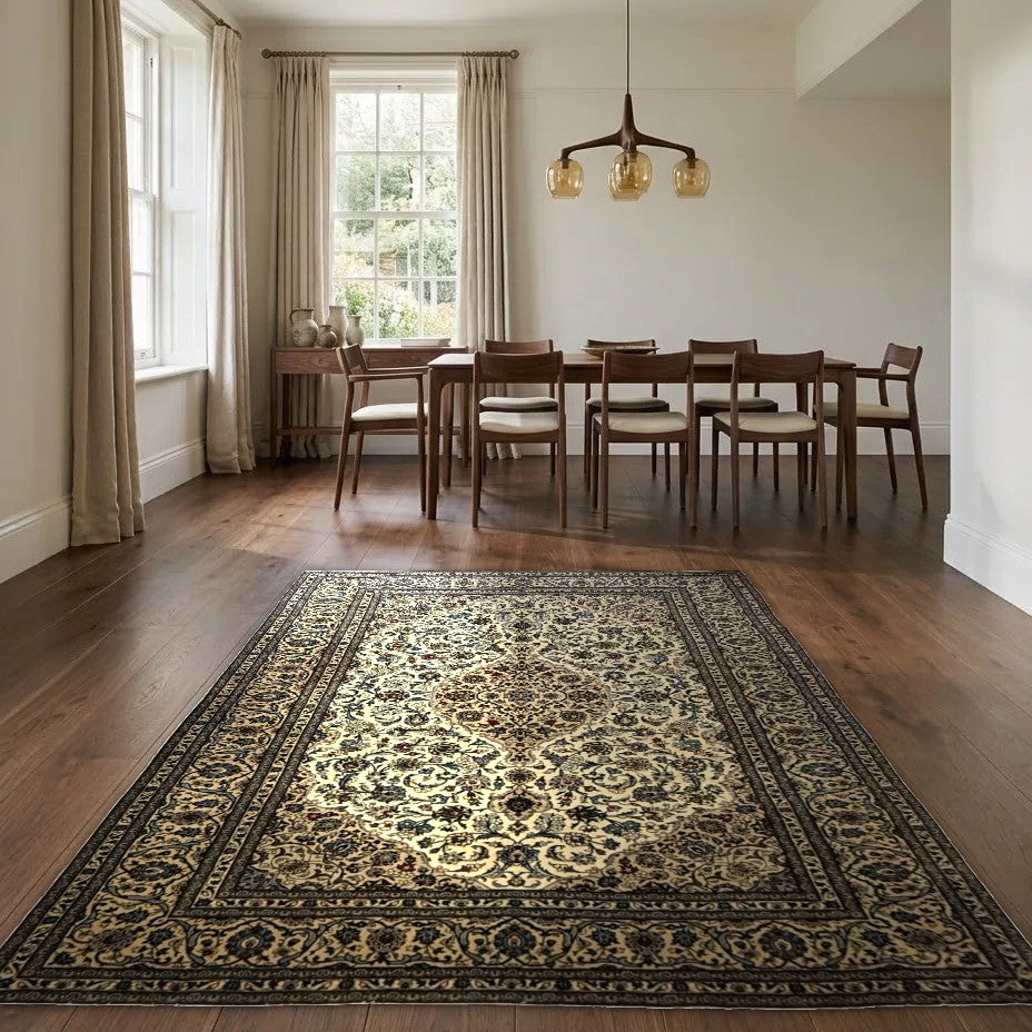 Room view: the rug on the floor of a furnished room