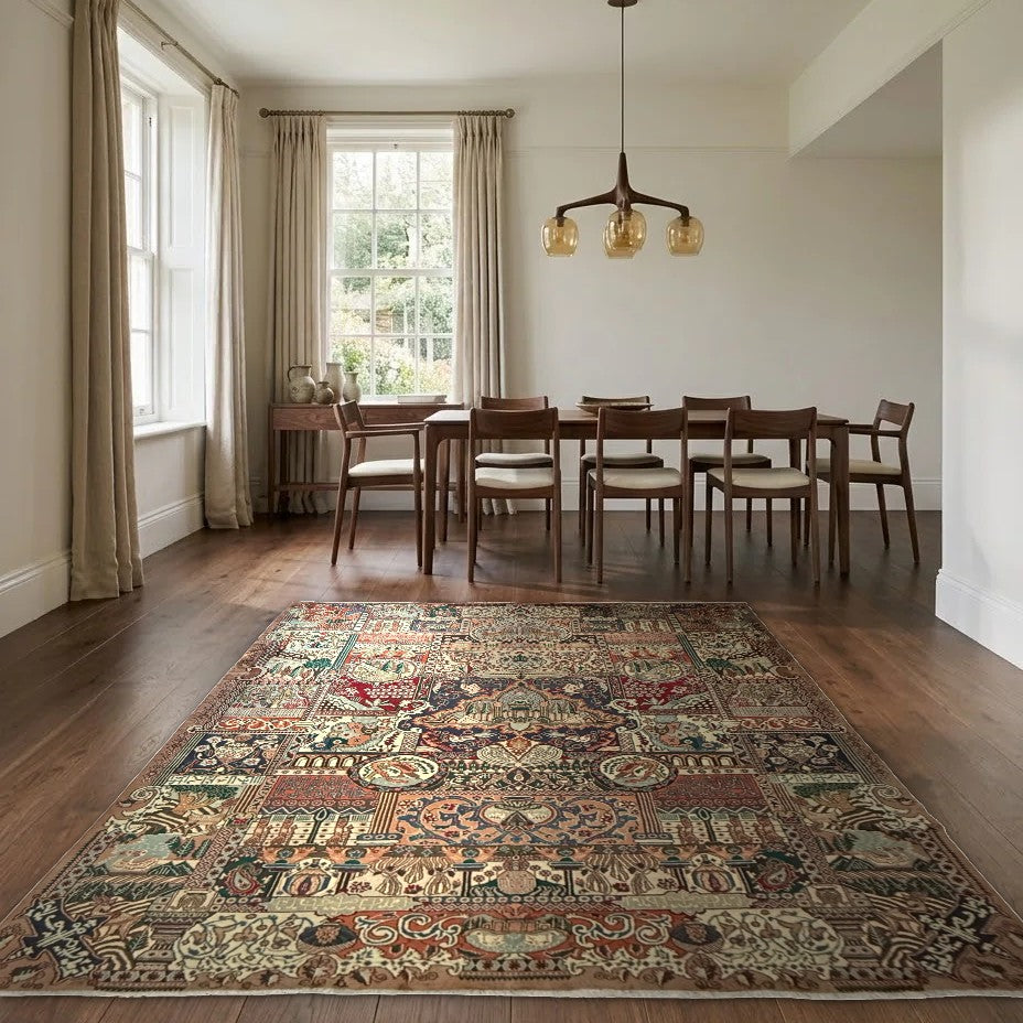 Room view: the rug on the floor of a furnished room