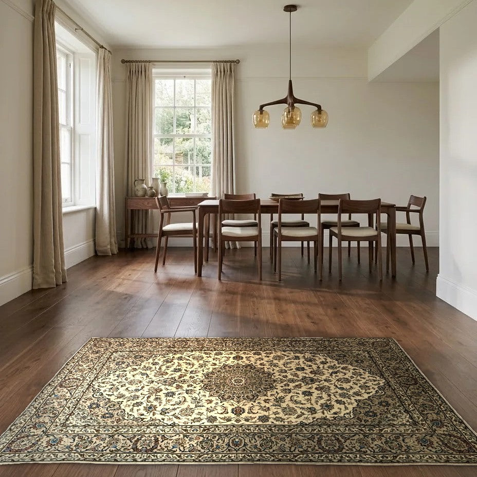 Room view: the rug on the floor of a furnished room