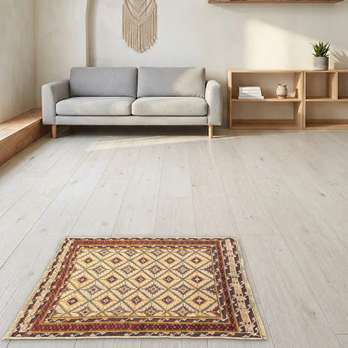 Room view: the rug on the floor of a furnished room