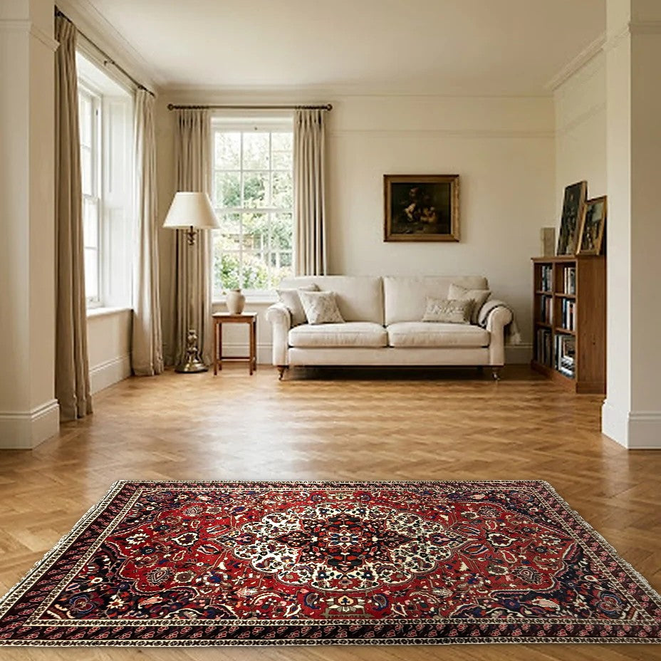 Room view: the rug on the floor of a furnished room