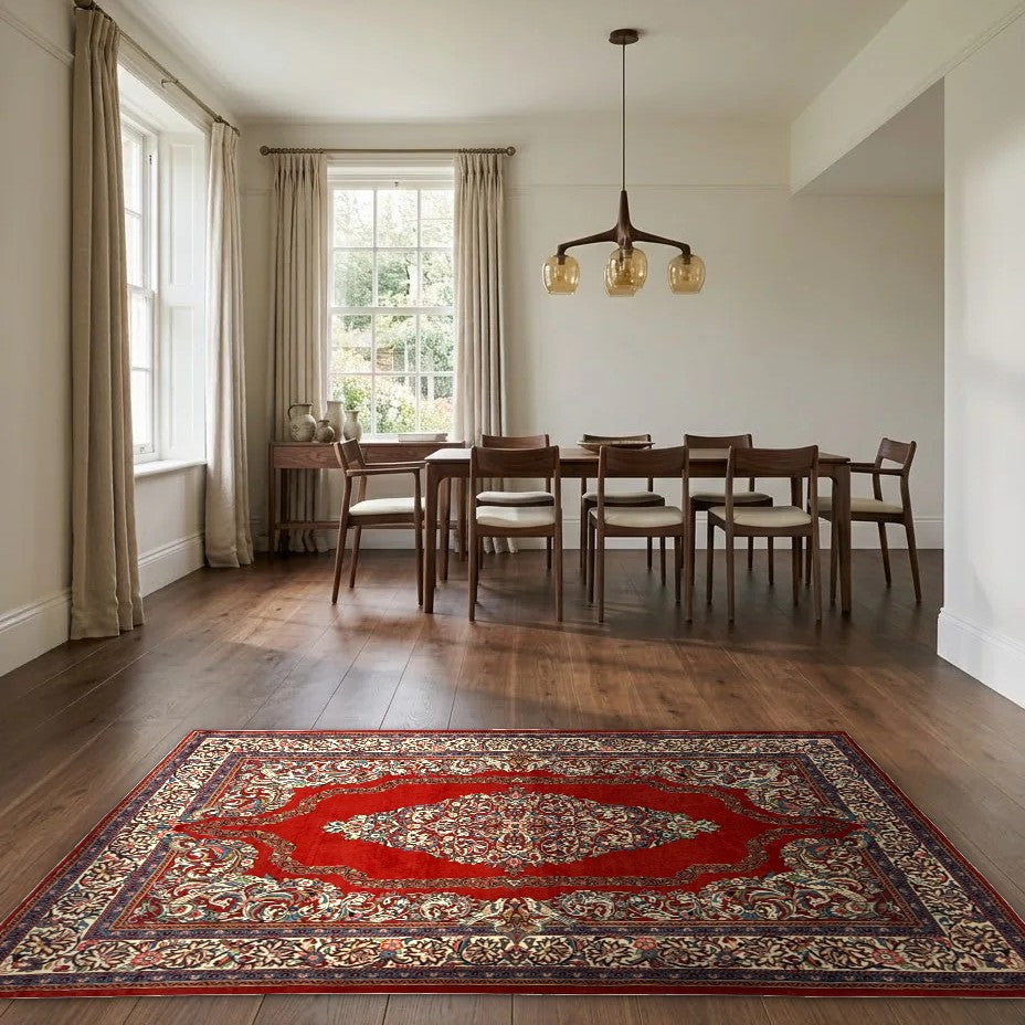 Room view: the rug on the floor of a furnished room