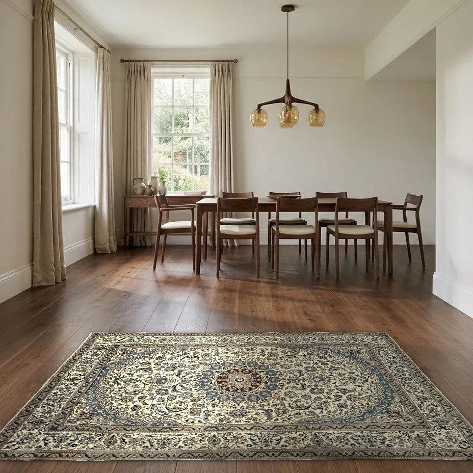Room view: the rug on the floor of a furnished room