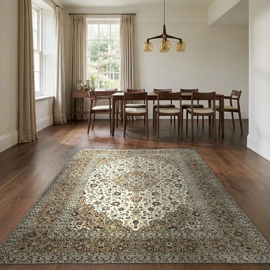 Room view: the rug on the floor of a furnished room