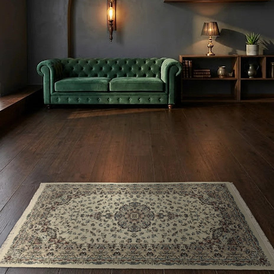 Room view: the rug on the floor of a furnished room