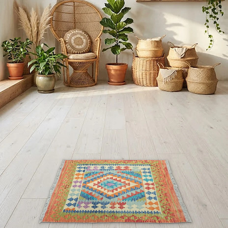 Room view: the rug on the floor of a furnished room