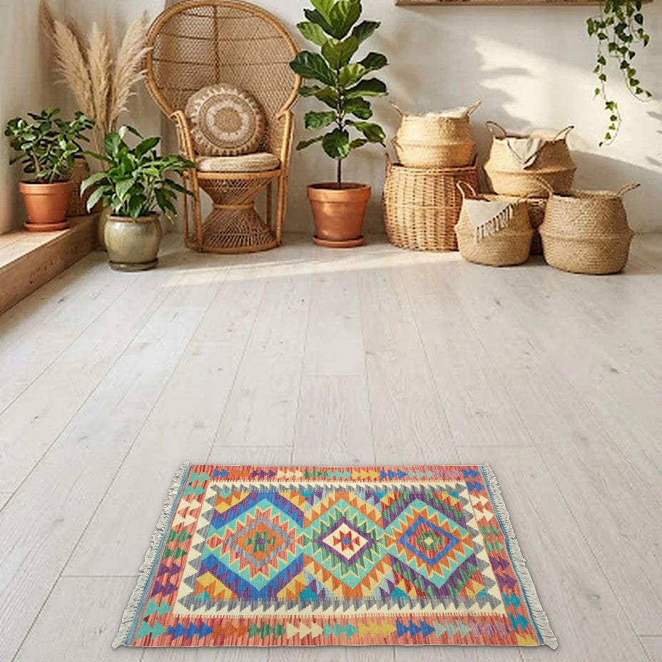 Room view: the rug on the floor of a furnished room