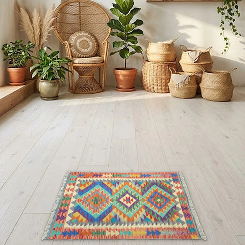 Room view: the rug on the floor of a furnished room